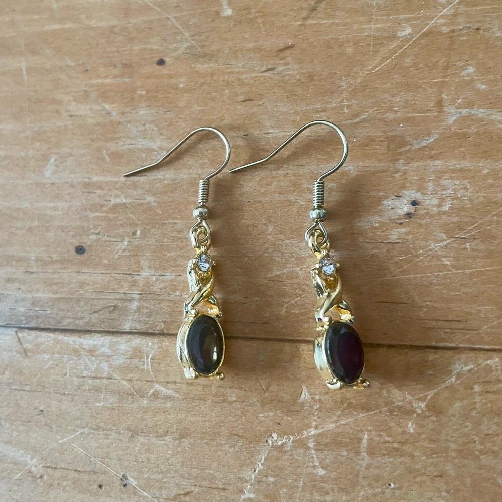 Dainty gold tone fake ruby and diamond earrings